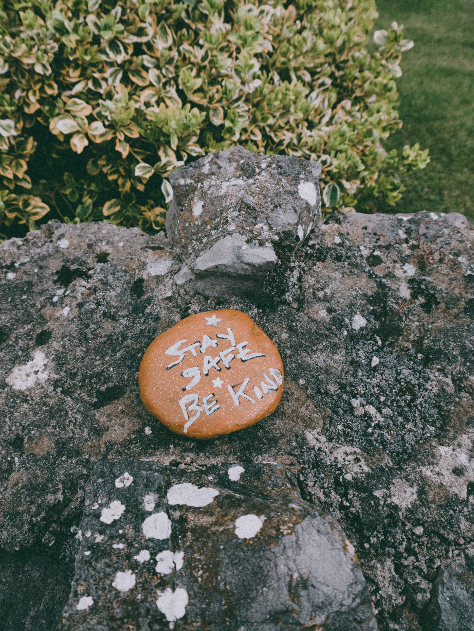 An image that has a painted rock that reads 