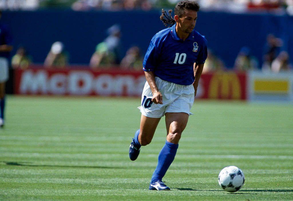 Roberto Baggio (Italy) in action during a first round match of the 1994 FIFA World Cup against Norway. Italy won 1-0. (Photo by Jerome Prevost/TempSport/Corbis/VCG via Getty Images)